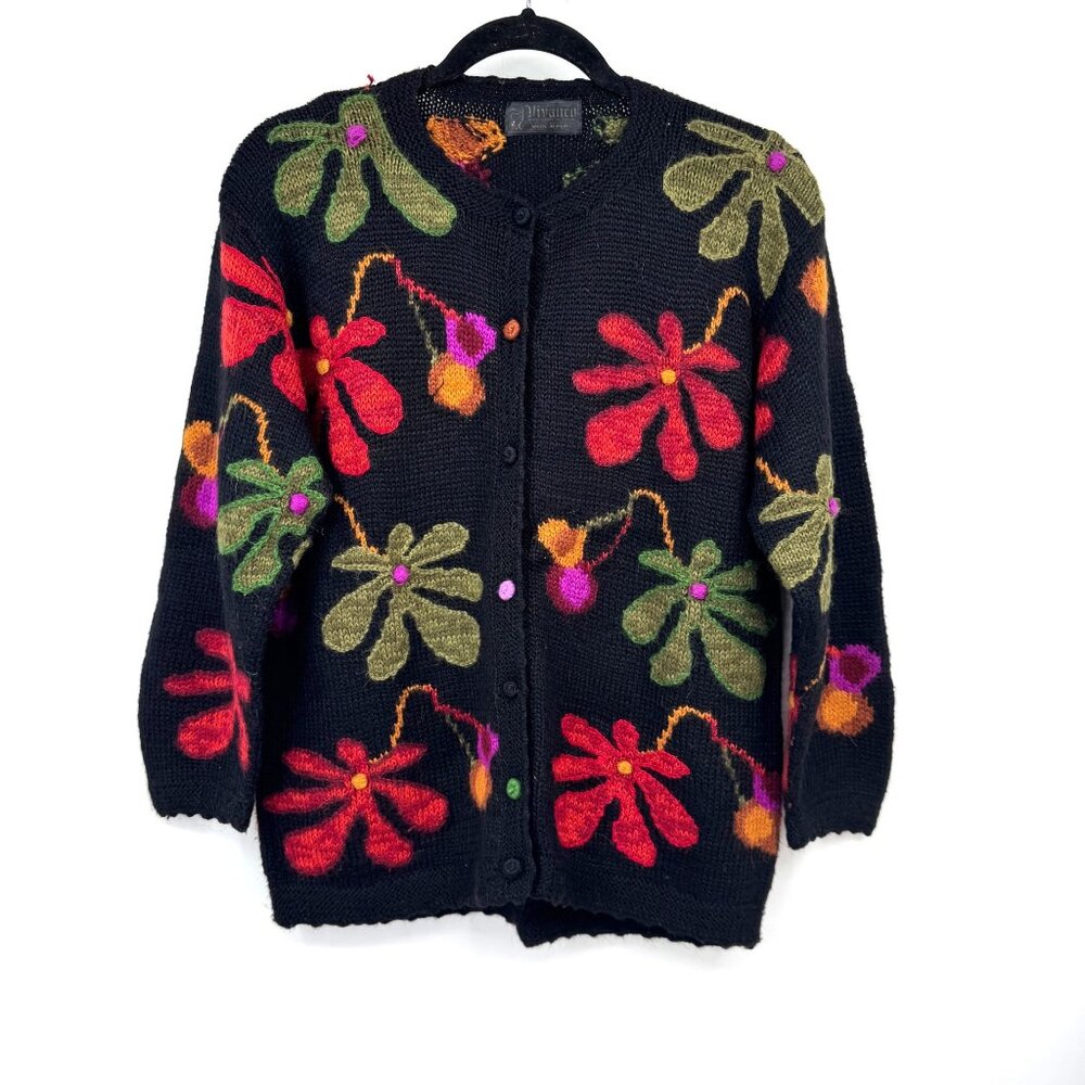 Vintage Vivanco Handcrafted Baby Alpaca Floral Cardigan Sweater With Multicolor